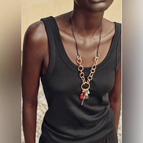 Zara Jewelry - Zara Mixed Stone Metal Charm Necklace Adjustable Gold Chain Western Southwestern